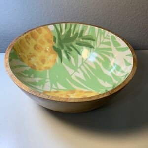 Wood Bowl Brown Yellow Green Palm Tree Fronds 10 1/4 Inch Round 4 1/2 Inch Tall